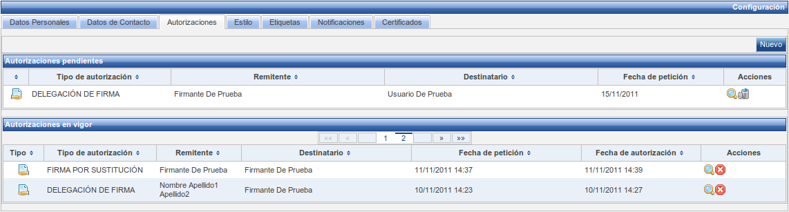 Pantalla de administración de autorizaciones.
