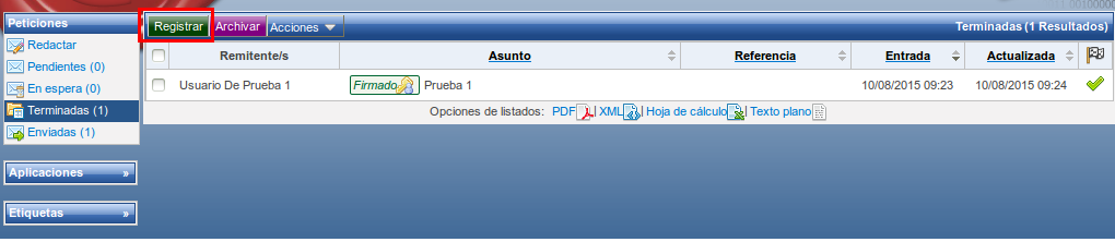 Bandeja de terminadas con registro activo