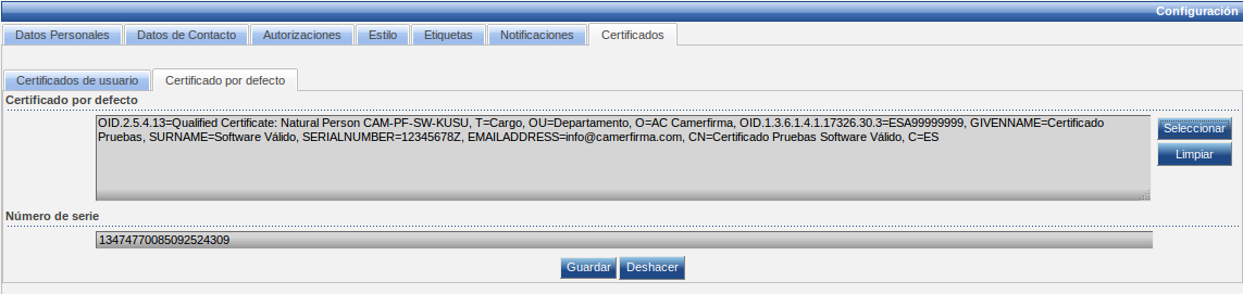 Pantalla de configuración de certificados por defecto.