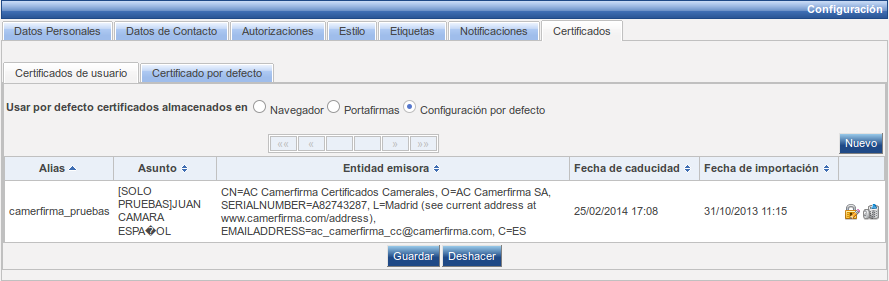 Pantalla de gestión de certificados de usuario