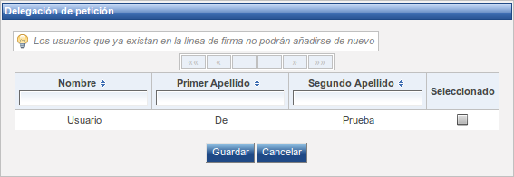Pantalla "Delegar petición".