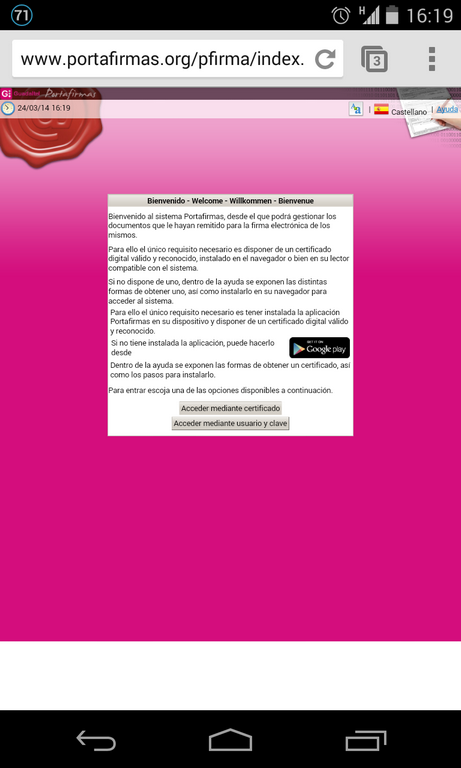 Pantalla de inicio al acceder desde un dispositivo Android
