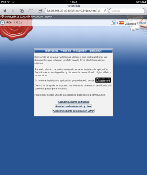 Pantalla de inicio al acceder desde un dispositivo iOS