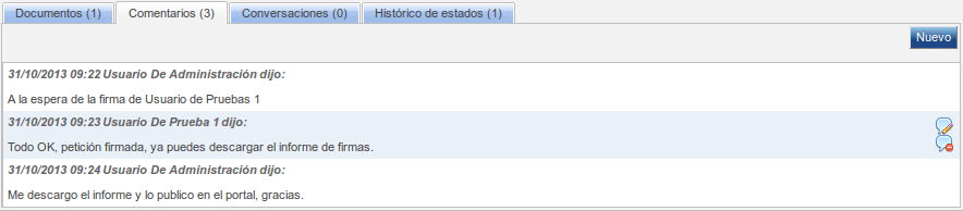 Lista de comentarios de la petición