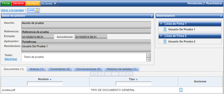 Pantalla de petición